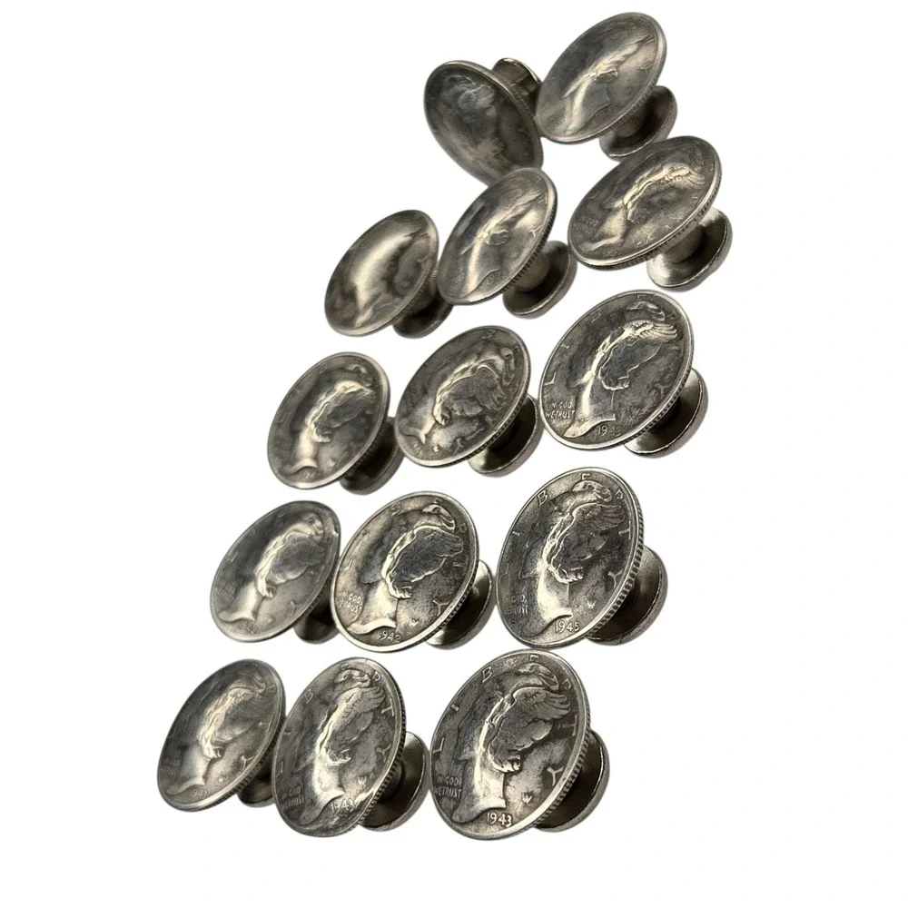 Vintage Mercury Dime Buttons Silver 18mm Silver Set of 14 Screw Back Studs